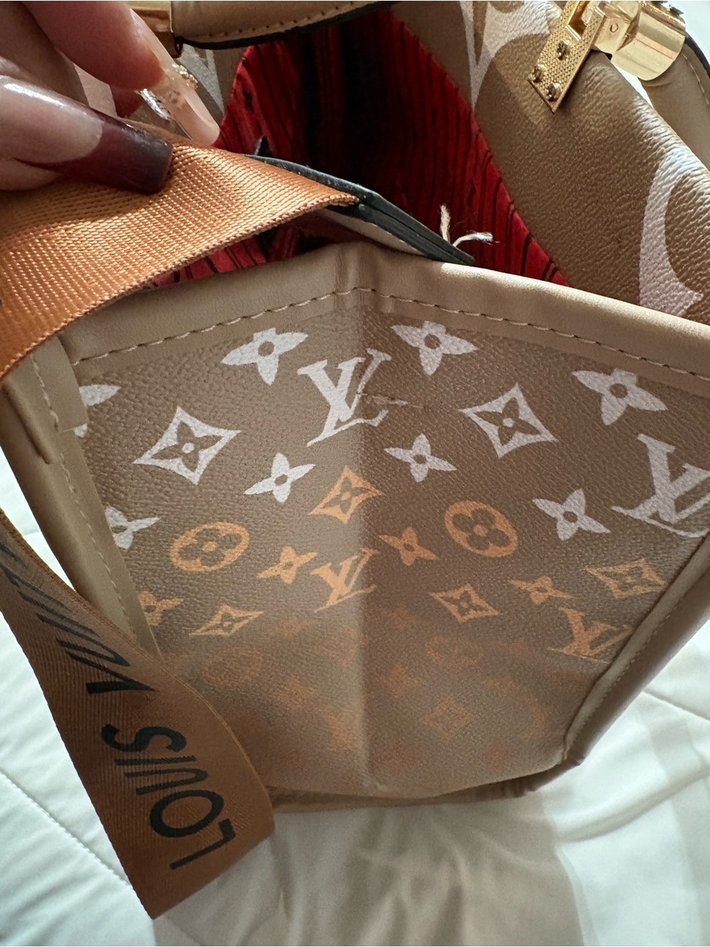 Louis Vuitton Beige Monogram Canvas Tote with Orange Logo Strap - Picture 6 of 6